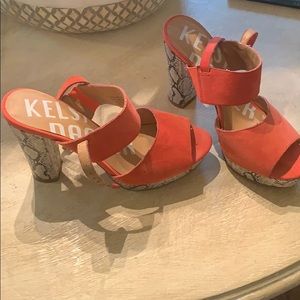 Orange suede and snakeskin heels